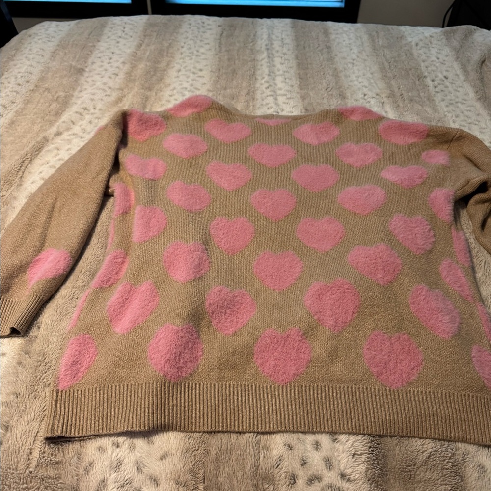 Celebrate Together Women’s Tan Cardigan with Pink Hearts - Picture 3 of 4